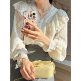 Vintage French Women Shirts Lace Lolita Elegant Long Sleeve Flounce Blouse High Quality Office Lady New Fashion Chic Female Tops LANFUBEISI