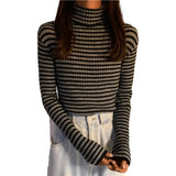 New Black Striped Sweater Women Knitted Pullover Autumn Long Sleeve Turtleneck Knitwear Korean Bottoming Shirt Stretch Jumpers LANFUBEISI