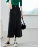 Vimly Denim Skirt for Women High Waist Split Long Jeans Skirt 2024 Spring Elegant Fashion 72295 LANFUBEISI