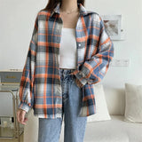 Plaid Shirt Women Autumn Long Sleeve Top Female Vintage Fashion Single Breasted Blouse Ladies Preppy Style Loose Check Shirts LANFUBEISI