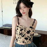 Chic Floral Print Tanks Top Korean Fashion Camis Basic Slim Crop Top Sweet Off Shoulder Corset Bustier Summer Women Sling Tops LANFUBEISI