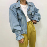 LANFUBEISI Denim Jacket for Women Loose Single Breasted Turn Down Collar Puff Sleeve Jacket Vintage Korean Fashion Crop Coat