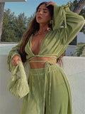 Green Pleated 2Pieces Pants Suits Women Sets Solid Flare Long Sleeve Bandage Crop Tops+Wide Leg Loose Long Pants Outfits LANFUBEISI