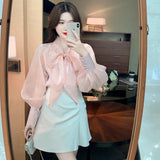 Korean Style Shirt Female Big Bow Tie Blouse Retro Lantern Long-Sleeved Elegant Blouses Women 2022 Spring New Pink Organza Tops LANFUBEISI