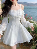 LANFUBEISI White Kawaii Sweet Dress Women Summer Korean Chic Elegant Party Mini Dress Fairy Casual Japanese Lolita Princess Cute Dress LANFUBEISI