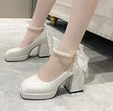 New Pearls Strap Square Heels Pumps Women Shoes 2023 Fashion Pu Leather Platform Mary Janes Woman High Heels Party Wedding Shoes LANFUBEISI