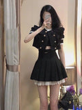 Black Gothic 2 Piece Dress Set Women Lace Elegant Crop Tops + Mini Skrits Summer Y2k Mini Dress Korean Fashion Suits Chic LANFUBEISI