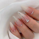 24Pcs Almond False Nails with Rhinestone Long Stiletto Fake Nails Gold Glitter Powder Design Press on Nails Full Cover Nail Tips LANFUBEISI