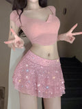 2024 Spring Summer Women Pink Sequin Multi Layered Ruffle Edge Ultra Short Skirt Sexy Spicy Girl Mid Rise Mini Skirts Clubwear LANFUBEISI