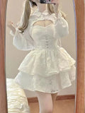 Japanese Kawaii Lolita Dress Women Elegant Sweet Lace Ruffles White Strap Dresses Sexy Korean Fashion Birthday Party Fairy Dress LANFUBEISI