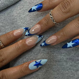 24Pcs Almond Press on Nails Y2K Star Diamond Designs for Cool Girls Nude Color Fake Nails for Women Fukk Cover False Nail Tips LANFUBEISI