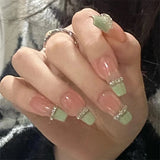 24Ps/Set Medium Long French Fake Nails Bow Japan Nude Pink with Pearls Artificial Acrylic Press on Nails Removable Stick on Nail LANFUBEISI