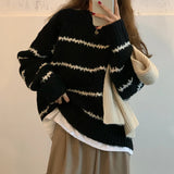 Women Sweater Casual Pullovers Autumn Winter Basics Knitted Korean Loose Striped O-neck Long Sleeve Elegance Sweet LANFUBEISI