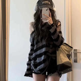 Streetwear Striped Knitted Sweater Women Gothic Harajuku Hollow Out Pullover Korean Hole All Match Loose Fashion Female Tops Ins LANFUBEISI