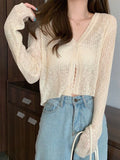 Thin Knitted Cardigans Women Summer V-Neck Long Sleeve Soft Transparent Sunscreen Outwear Female Korean Style Casual Crop Tops LANFUBEISI