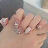 24Ps/Set Medium Long French Fake Nails Bow Japan Nude Pink with Pearls Artificial Acrylic Press on Nails Removable Stick on Nail LANFUBEISI