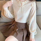 2024 New Fashion Long Sleeve Lace Blouse Women Apricot Lantern Sleeve Casual Women's Blouse Solid Sweet Ladies Shirt Blusas1222 LANFUBEISI