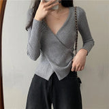 Autumn Winter Knitwear Tops Fashion Female Long Sleeve Skinny Elastic Casual V-neck Knitted Shirts Women Pullover Sweaters LANFUBEISI