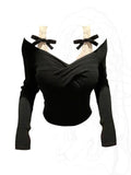 Spring Knitted Sweater Women Bow Fake Two Pieces Long Sleeve Slim Pullovers Black Chic Gothic Korean 2000s Vintage Y2k Clothing LANFUBEISI