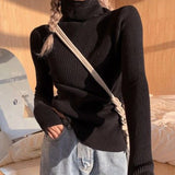 Knitted Sweater Women Korean Version Turtleneck Sweater Winter Solid Color Pullover Slimming Interior Lapping Warm Basic Tops LANFUBEISI