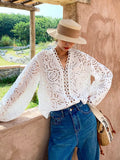 LANFUBEISI France Elegant Chic Shirt Blouse Floral Embroidery White Cotton Hollow Out Sexy Long Sleeve Women Holiday Ladies Tops