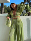 Green Pleated 2Pieces Pants Suits Women Sets Solid Flare Long Sleeve Bandage Crop Tops+Wide Leg Loose Long Pants Outfits LANFUBEISI