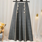 LANFUBEISI Plaid Button Knitted Skirt High Waist Women Autumn and Winter Fashion New Mid-length Large Swing A-line Skirt Midi Elegance