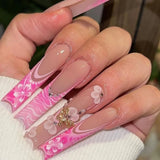 24Pcs Long Ballet False Nails Pink Flower with Rhinestones French Design Wearable Fake Nails Glitter Press on Nails Tips  Art LANFUBEISI