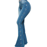 运费11 Mid Waisted Stretch Flare Jeans Women Denim Pants Wide Leg Butt-lifted Casual Korean Style Skinny Bell Bottom Pocket Trousers LANFUBEISI