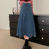 Lucyever High Waist Retro Blue Denim Skirts for Women 2023 New Irregular A-Line Long Skirt Woman Korean Trendy Daily Jean Skirts LANFUBEISI