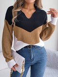 Patchwork Color Lantern Long Sleeve Knitted Sweater Women Casual Pullovers Autumn Winter 2023 LANFUBEISI