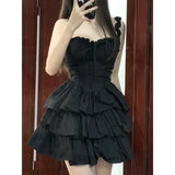 QWEEK Gothic Hrajuku Goth Lolita Kawaii Cute Black Ruffles Dress Soft Girl Y2k 2023 Fashion Cake Party Short Dresses LANFUBEISI