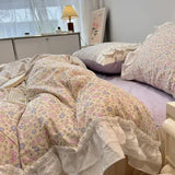 LANFUBEISI Romantic 100%Cotton Twin Bedding Elegant Pink Purple Floral Duvet Cover Set White Lace Ruffle 1.2/1.5/1.8m Bedskirt Pillowcases LANFUBEISI