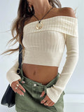 LANFUBEISI Women Knit Y2K Crop Tops Solid Color Boat Neck Off Shoulder Long Sleeve Sweater Spring Fall Casual Slim Fit T-Shirts Streetwear