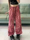 Leopard Jeans for Women Pink Streetwear Loose Denim Pants Korean Style Straight High Waist Wide Leg Pants Baggy Jeans LANFUBEISI