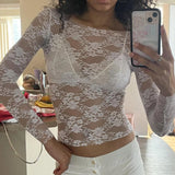 Floral Lace Sheer Crop Tops 90s Vintage Cottage Y2K T-shirt Coquette Fairy Women Sexy See Through Long Sleeve Tees Cover-ups LANFUBEISI