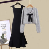 Spring and Autumn New Fashion Set Women's Korean Edition Slimming Knitted Cardigan Versatile Fishtail Skirt Two Piece Set LANFUBEISI