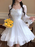 HOUZHOU White Kawaii Dress Women Chiffon Lolita Style Long Sleeve Mini Dresses Bow Fairy Robe Ruffles Patchwork Square Collar LANFUBEISI