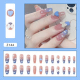 24Pcs/Box Cherry False Nails Pink with Glue Short Ballerina Wearable Fake Nails Acrylic Art Full Cover Press on Nails Tips LANFUBEISI