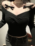 Spring Knitted Sweater Women Bow Fake Two Pieces Long Sleeve Slim Pullovers Black Chic Gothic Korean 2000s Vintage Y2k Clothing LANFUBEISI