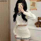 Korean Fashion Y2k Two Piece Skirt Set Women Sweet Stripe Knitted Sweater Crop Tops Slim Bodycon Mini Skirts Kawaii Lolita Suits LANFUBEISI