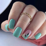 24Pcs Retro False Nails with Glue Green Leaves Design Fake Nails Short Square Press on Nail Tips Wearable Finished Manicure LANFUBEISI