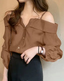 LANFUBEISI Fashion Shirts Women Sexy Off Shoulder Blouse Summer Casual Straps Button Tops Long Sleeve Pleated Solid Loose Tunic