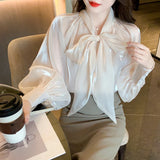 Korean Style Shirt Female Big Bow Tie Blouse Retro Lantern Long-Sleeved Elegant Blouses Women 2022 Spring New Pink Organza Tops LANFUBEISI