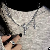 Y2K Retro Kpop Silver Color Pendant Necklaces For Women Gothic Zircon Heart Cross Tassel Necklace Punk Clavicle Choker Jewelry LANFUBEISI