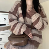 Vintage Brown Striped Sweater Women Harajuku Oversize Pullover Jumper Preppy Jerseys Casual Knitted Tops LANFUBEISI