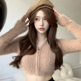 LANFUBEISI Coat Women's Sweater Top Knitted Cardigan Plush Off Shoulder Short Style Gentleness Mink Solid Color Zipper Design