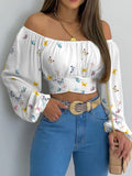 Women Elegant Boho Print Blouse Casual Long Lantern Sleeve Off Shoulder Slim Shirt Female Chic Cropped Top Summer Tunics LANFUBEISI