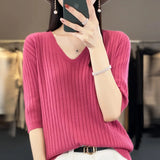 Women Sweater Short Sleeve V-neck Stripe Knitwears Slim Fit Shirt Korean Fashion Pullovers Thin Knit Tops Bottoming Shirts LANFUBEISI