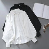 LANFUBEISI White Women Shirts Lantern Sleeve Loose Turn-down Collar Simple Solid Blouses Design Chic Korean Style Fashion OL Blouse Top